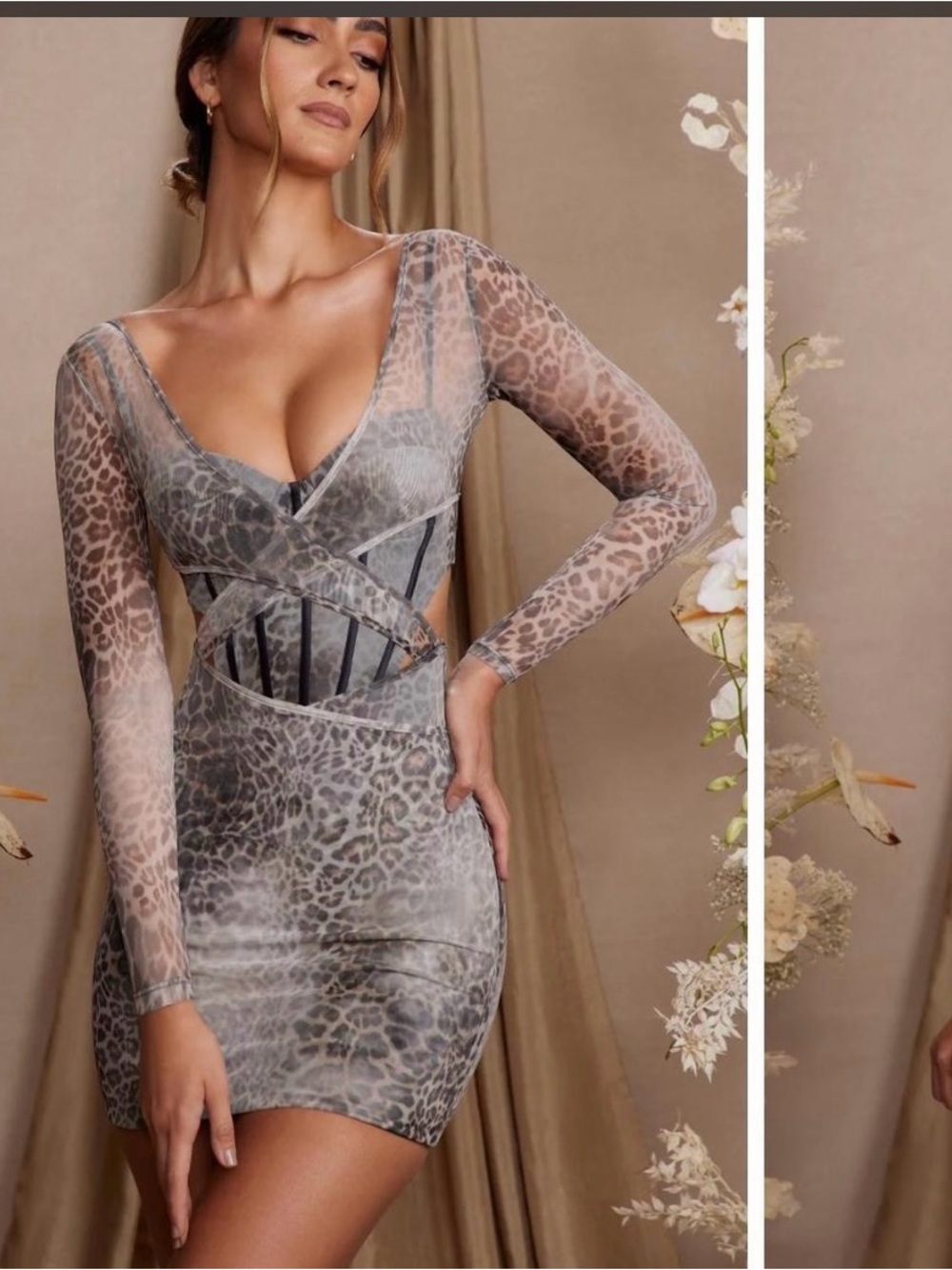 Oh Polly Leopard-Print Cutout Sheer Long Sleeve Bodycon Dress - Gray